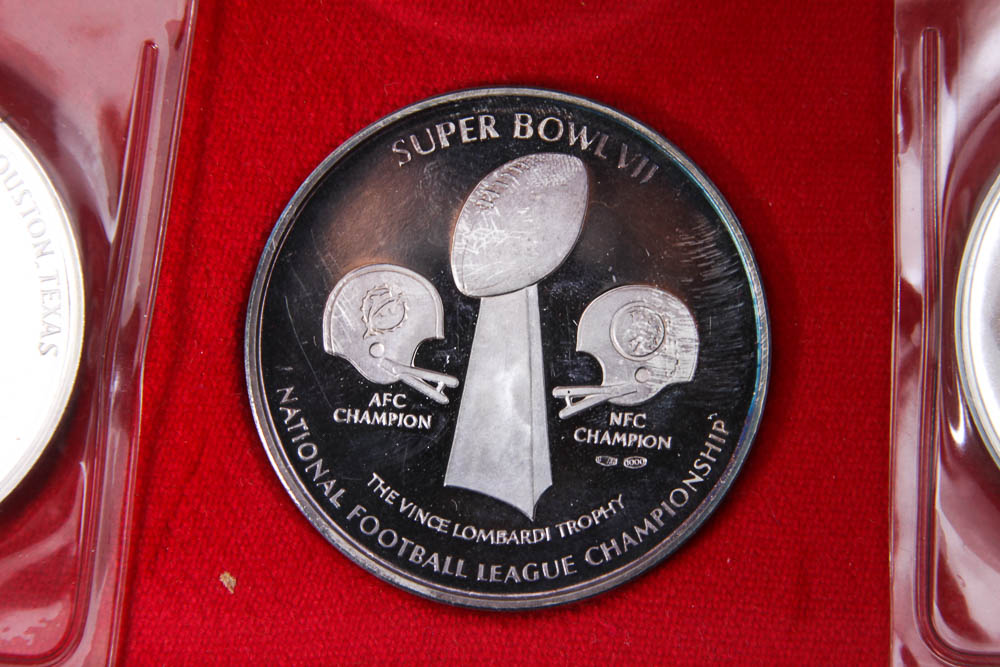 Boxed Set of Pure Silver Minted Original NFL Super Bowl Medals