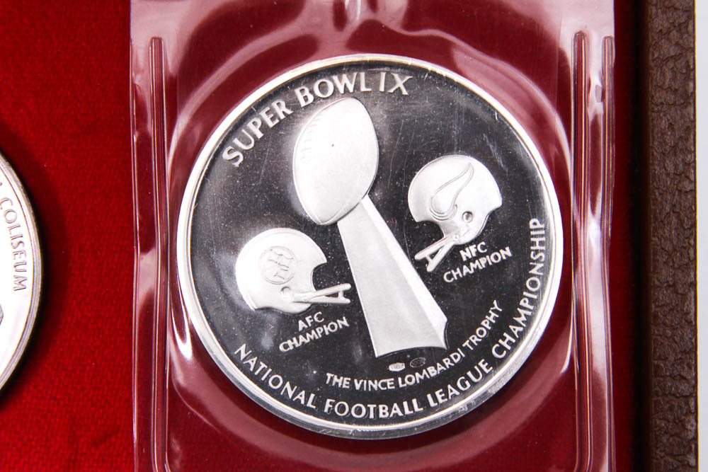 Boxed Set of Pure Silver Minted Original NFL Super Bowl Medals