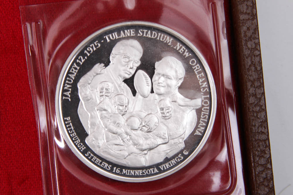 Boxed Set of Pure Silver Minted Original NFL Super Bowl Medals