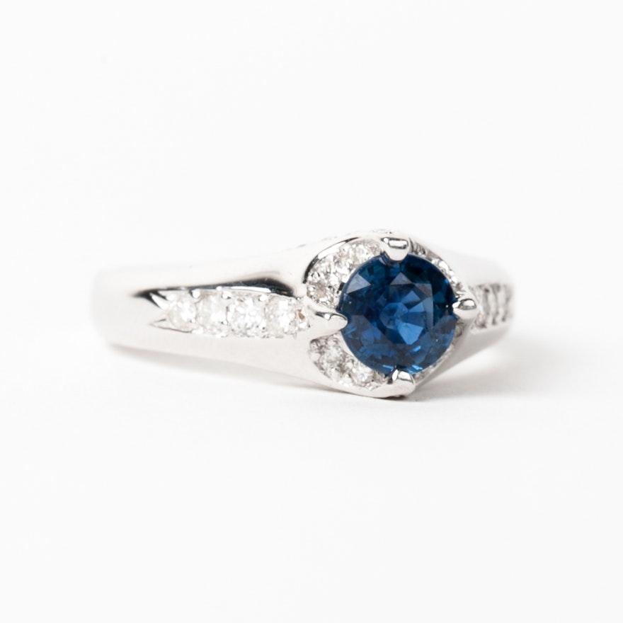 18K White Gold, Sapphire, and Diamond Cathedral Ring