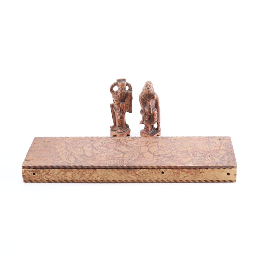 Carved Wooden Box and Figures