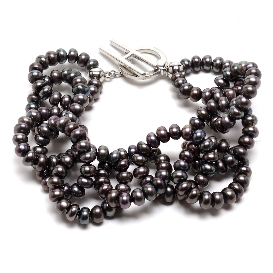 Honora Freshwater Cultured Black Pearl Linked Bracelet with Sterling Silver Clasp