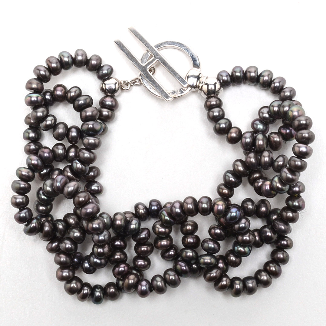 Honora Freshwater Cultured Black Pearl Linked Bracelet with Sterling Silver Clasp