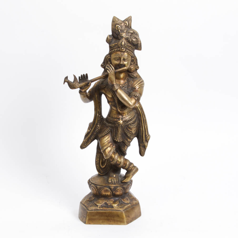 Indian Brass Statue of Krishna Playing the Flute