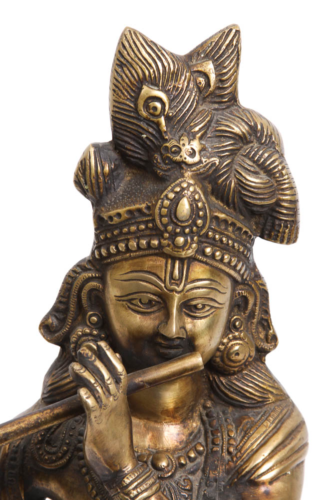 Indian Brass Statue of Krishna Playing the Flute