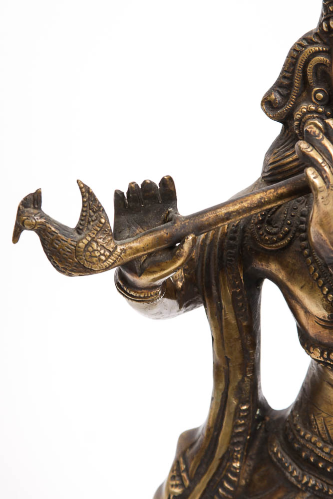 Indian Brass Statue of Krishna Playing the Flute