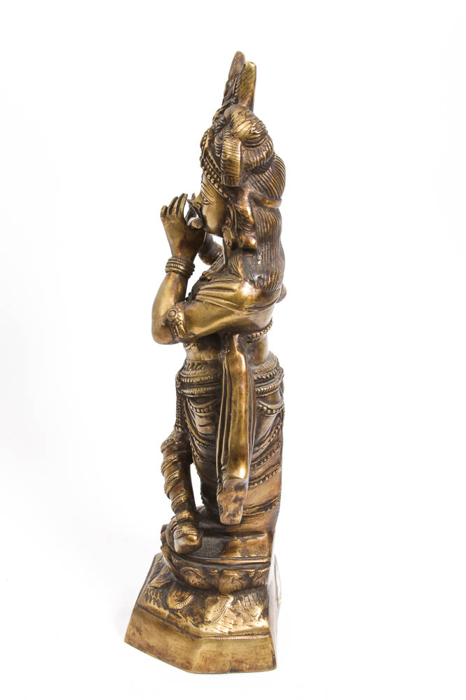 Indian Brass Statue of Krishna Playing the Flute