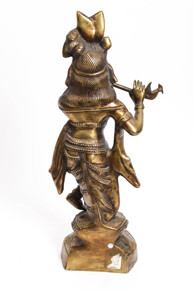 Indian Brass Statue of Krishna Playing the Flute