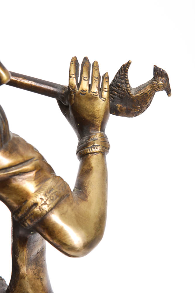Indian Brass Statue of Krishna Playing the Flute