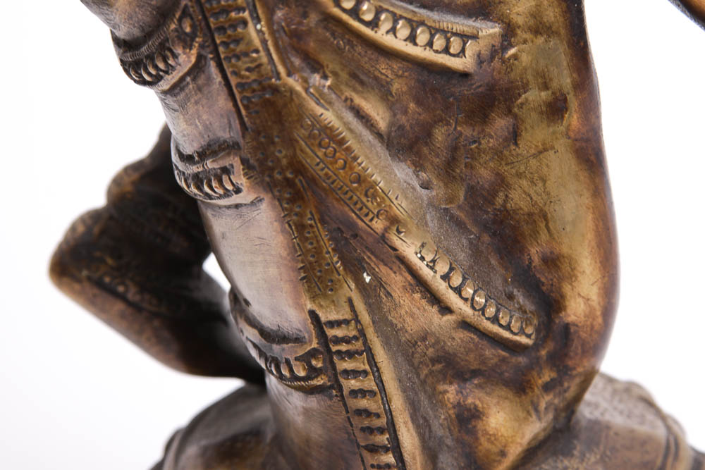 Indian Brass Statue of Krishna Playing the Flute