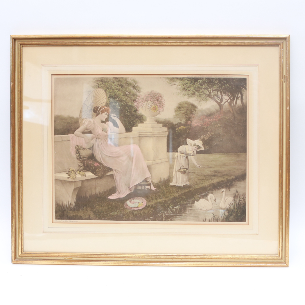 Vintage Tinted Print after Oliver Stockman " Feeding the Swans" Painting