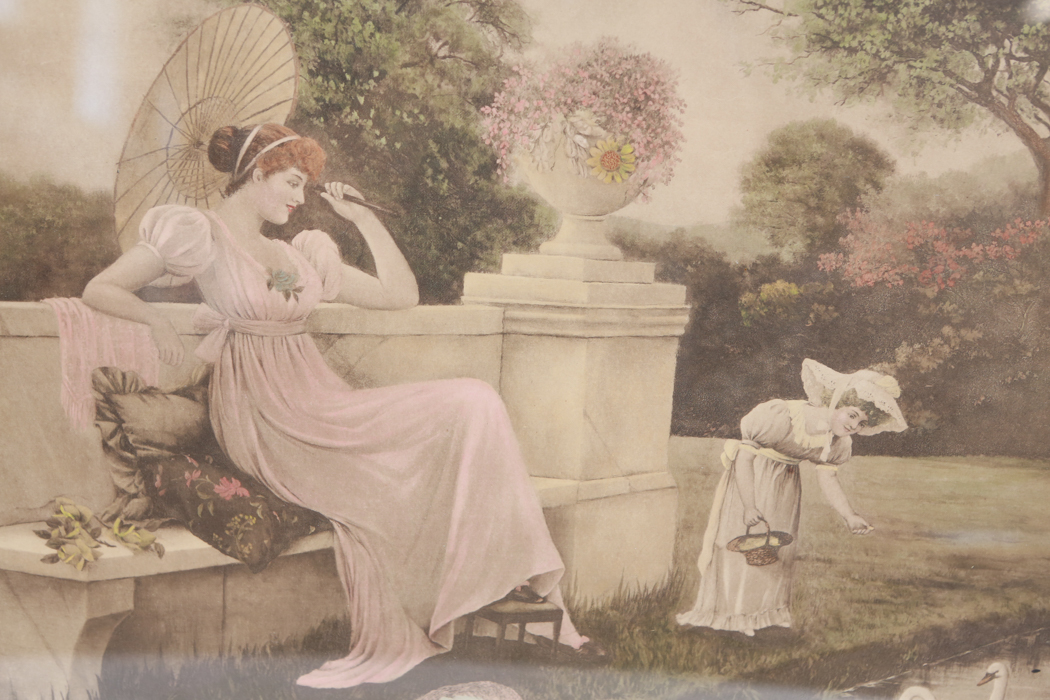 Vintage Tinted Print after Oliver Stockman " Feeding the Swans" Painting