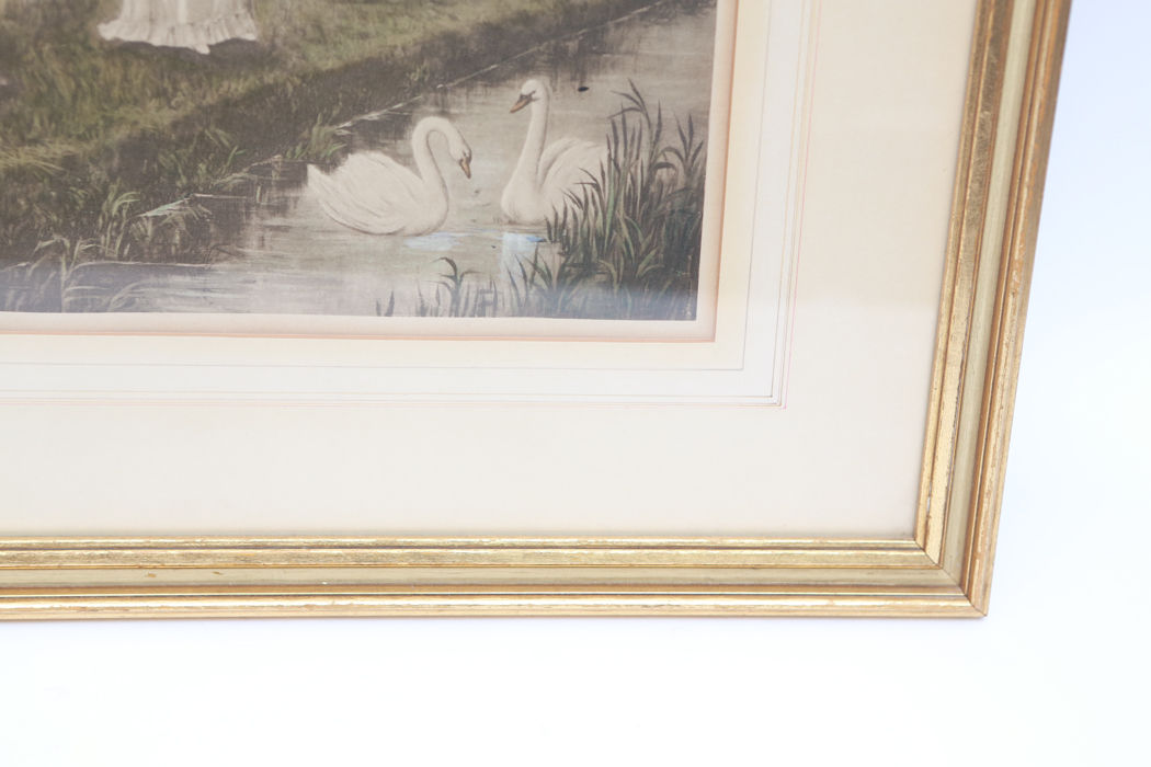 Vintage Tinted Print after Oliver Stockman " Feeding the Swans" Painting