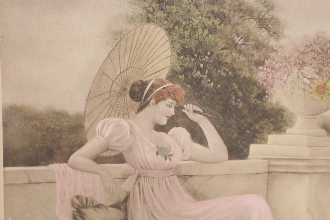 Vintage Tinted Print after Oliver Stockman " Feeding the Swans" Painting