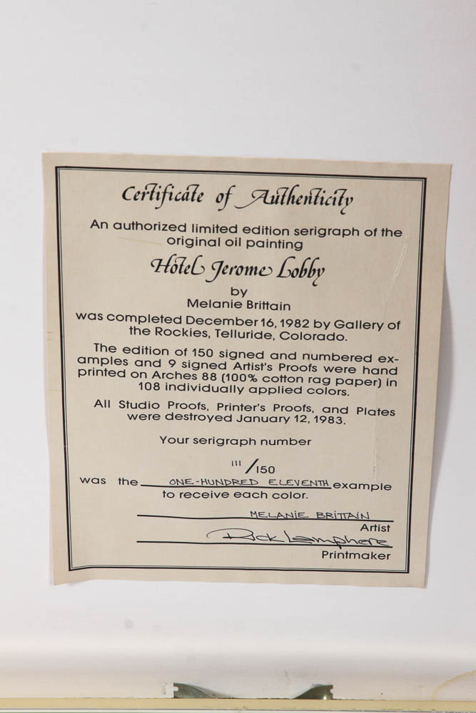 Melanie Brittain Limited Edition Serigraph "Hotel Jerome Lobby"