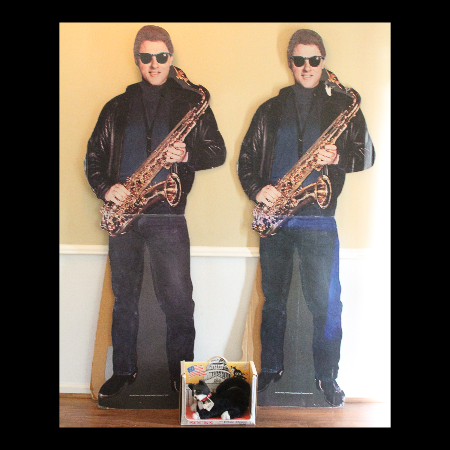 Two Cardboard Cut-Outs of Bill Clinton and Socks The White House Cat