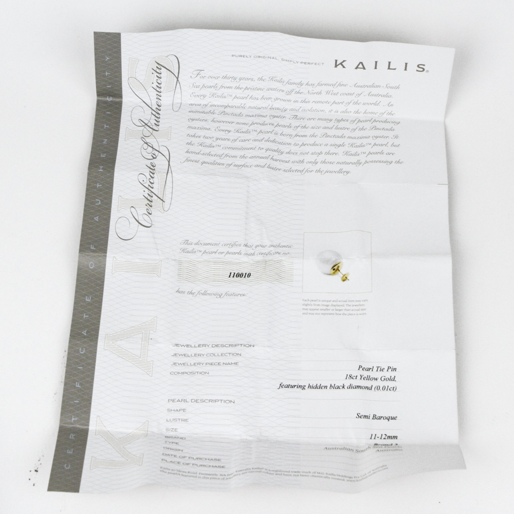 Kailis 18K Yellow Gold and Cultured Pearl Tie Tack with COA