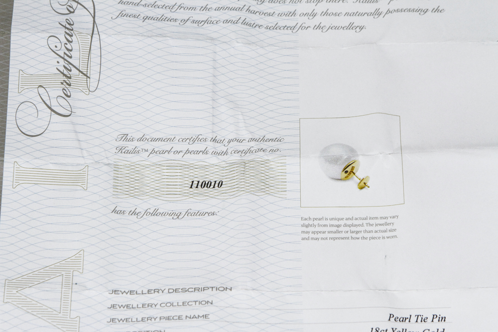 Kailis 18K Yellow Gold and Cultured Pearl Tie Tack with COA