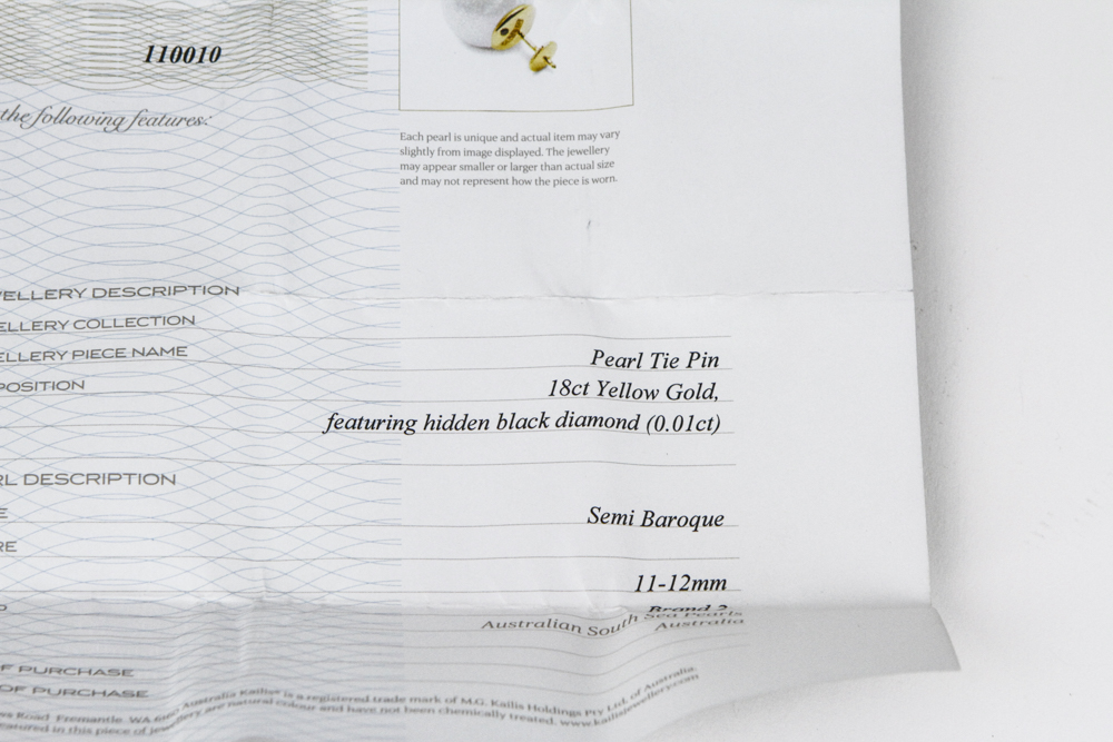 Kailis 18K Yellow Gold and Cultured Pearl Tie Tack with COA