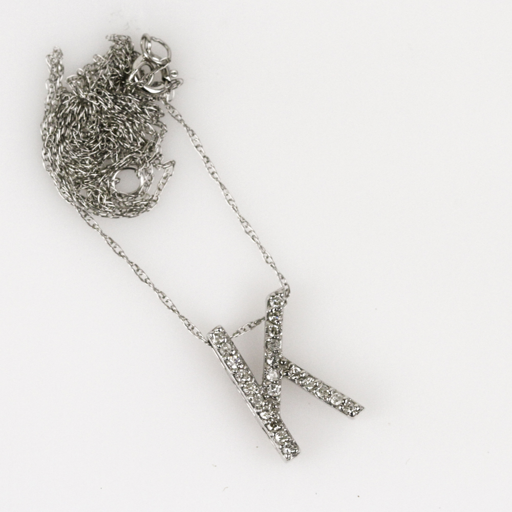 10K White Gold and Diamond "K" Pendant Necklace
