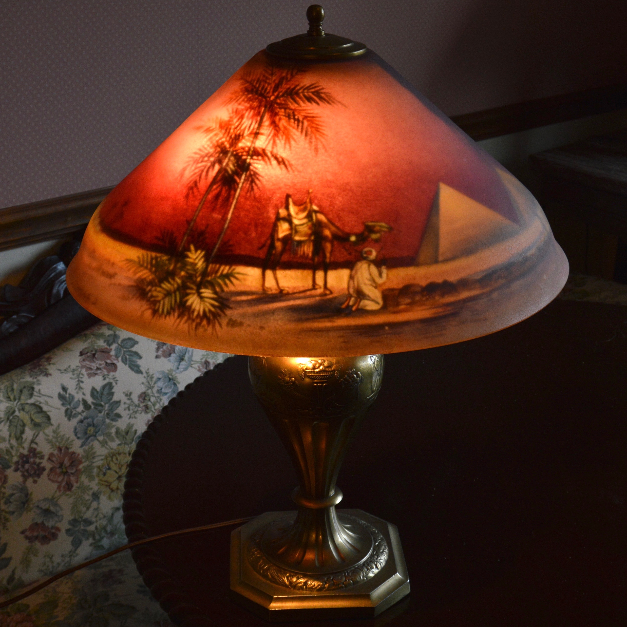 Vintage Lamp with Reverse Painted Shade by C. Durand
