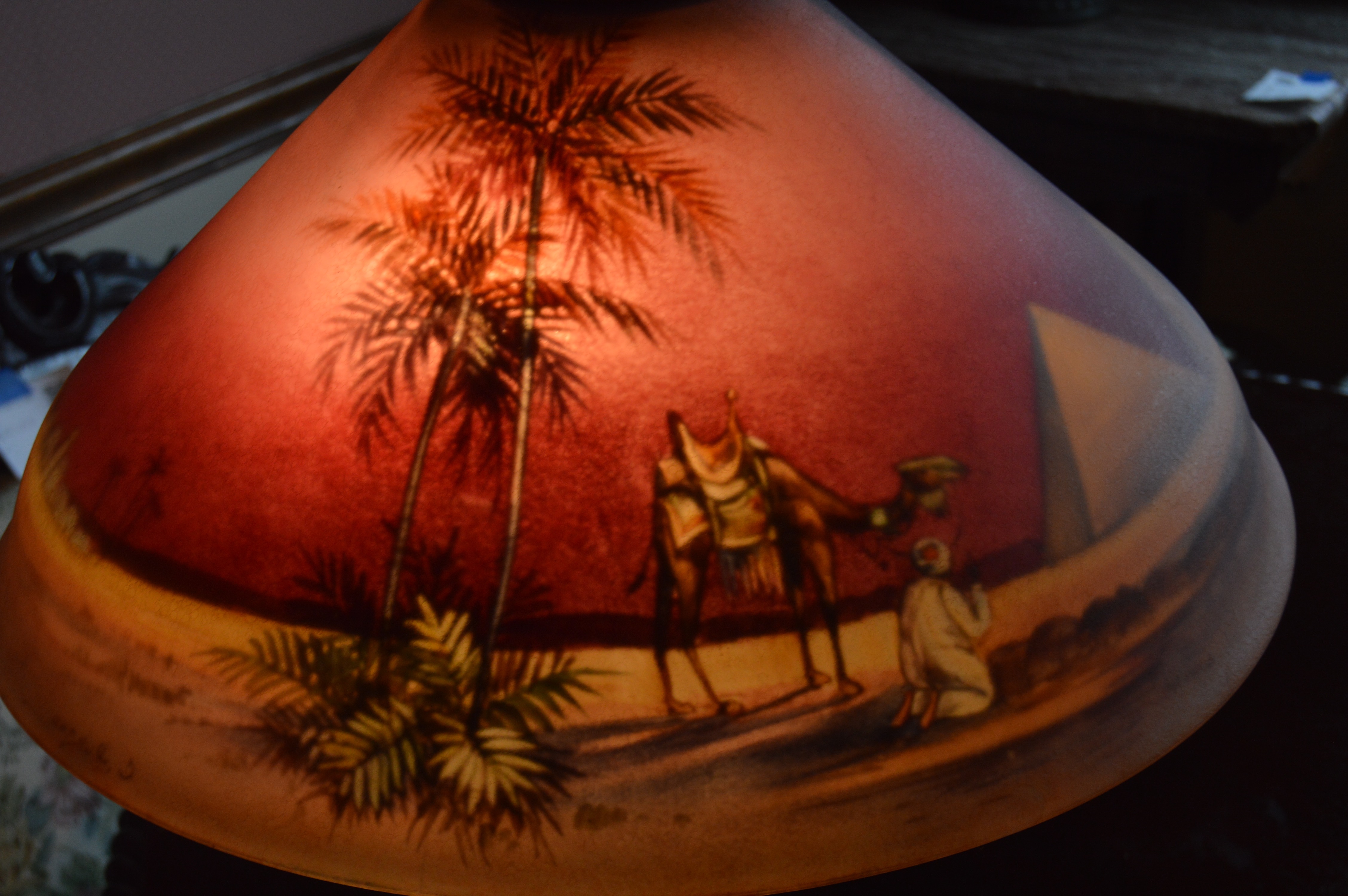 Vintage Lamp with Reverse Painted Shade by C. Durand