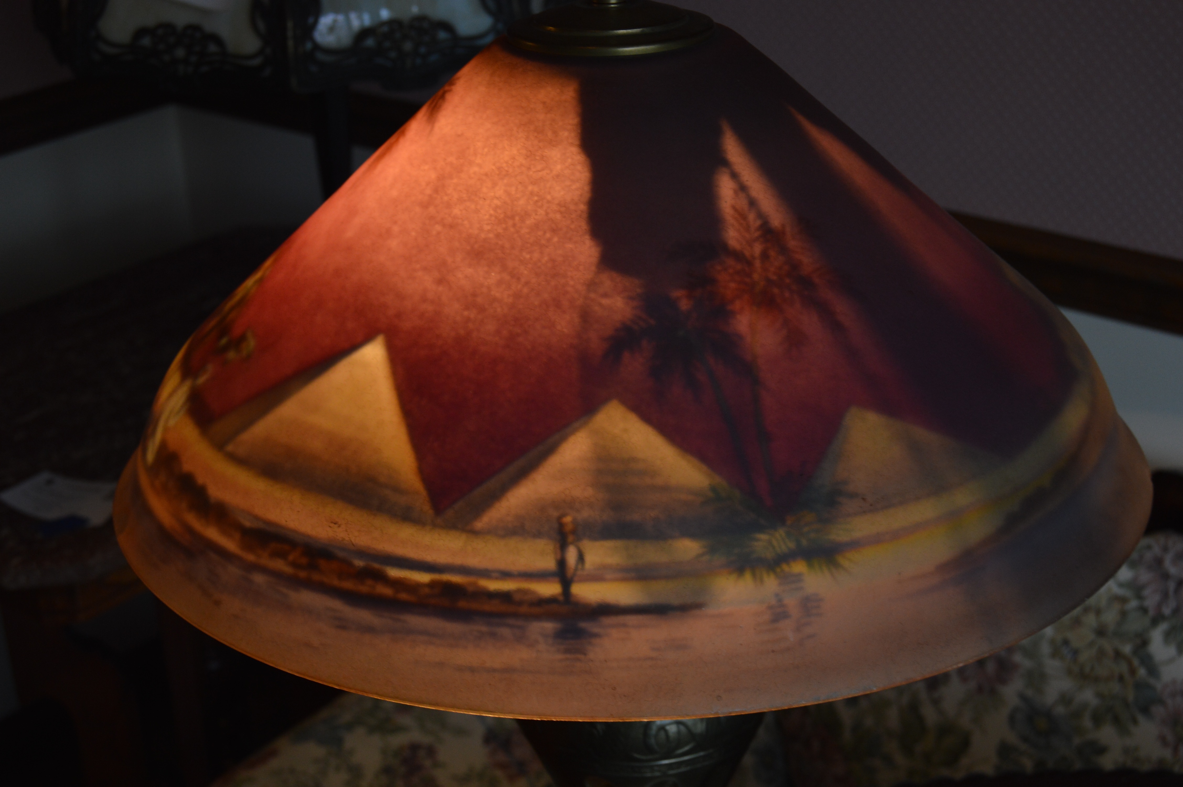 Vintage Lamp with Reverse Painted Shade by C. Durand