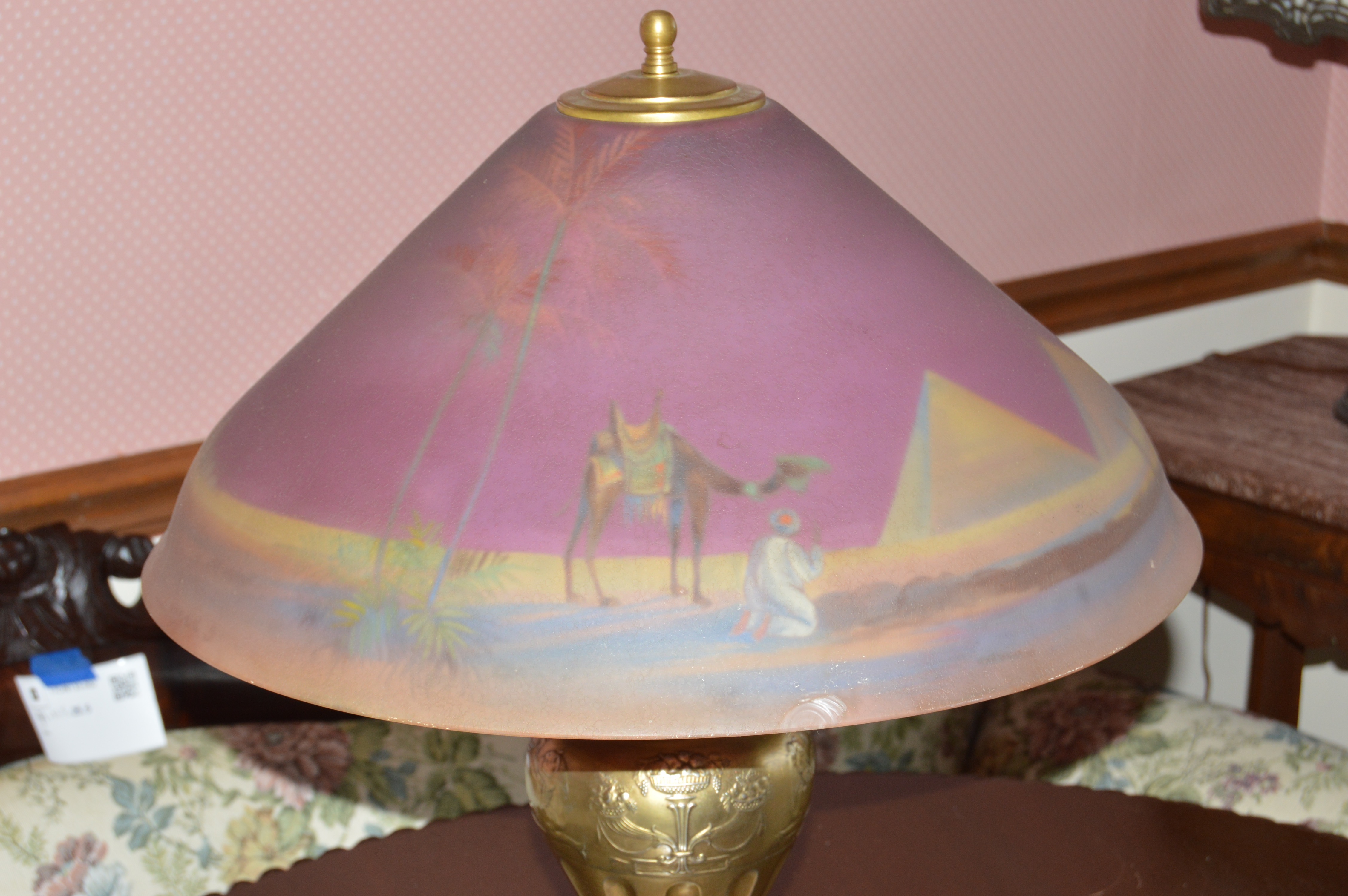 Vintage Lamp with Reverse Painted Shade by C. Durand