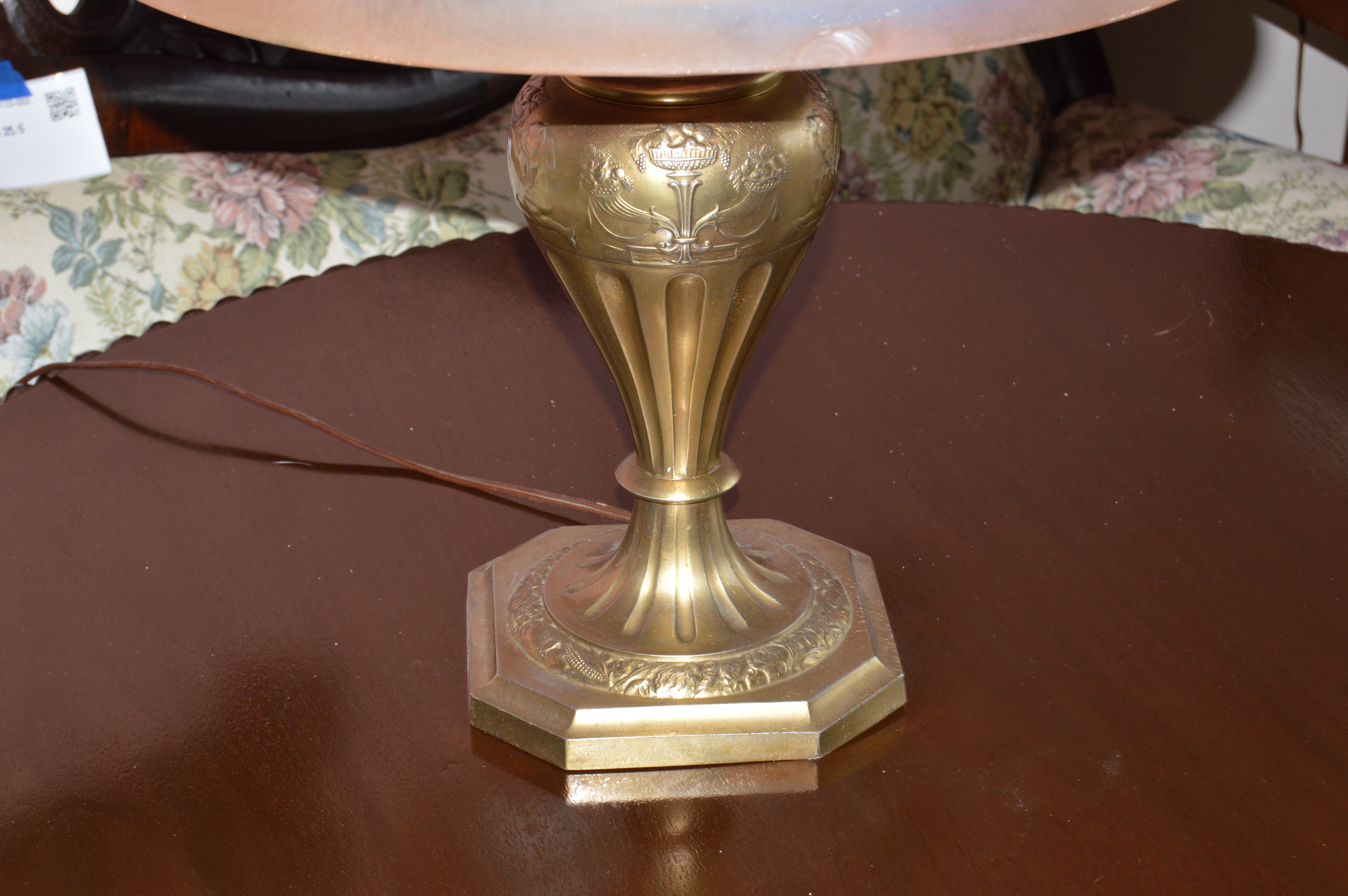 Vintage Lamp with Reverse Painted Shade by C. Durand