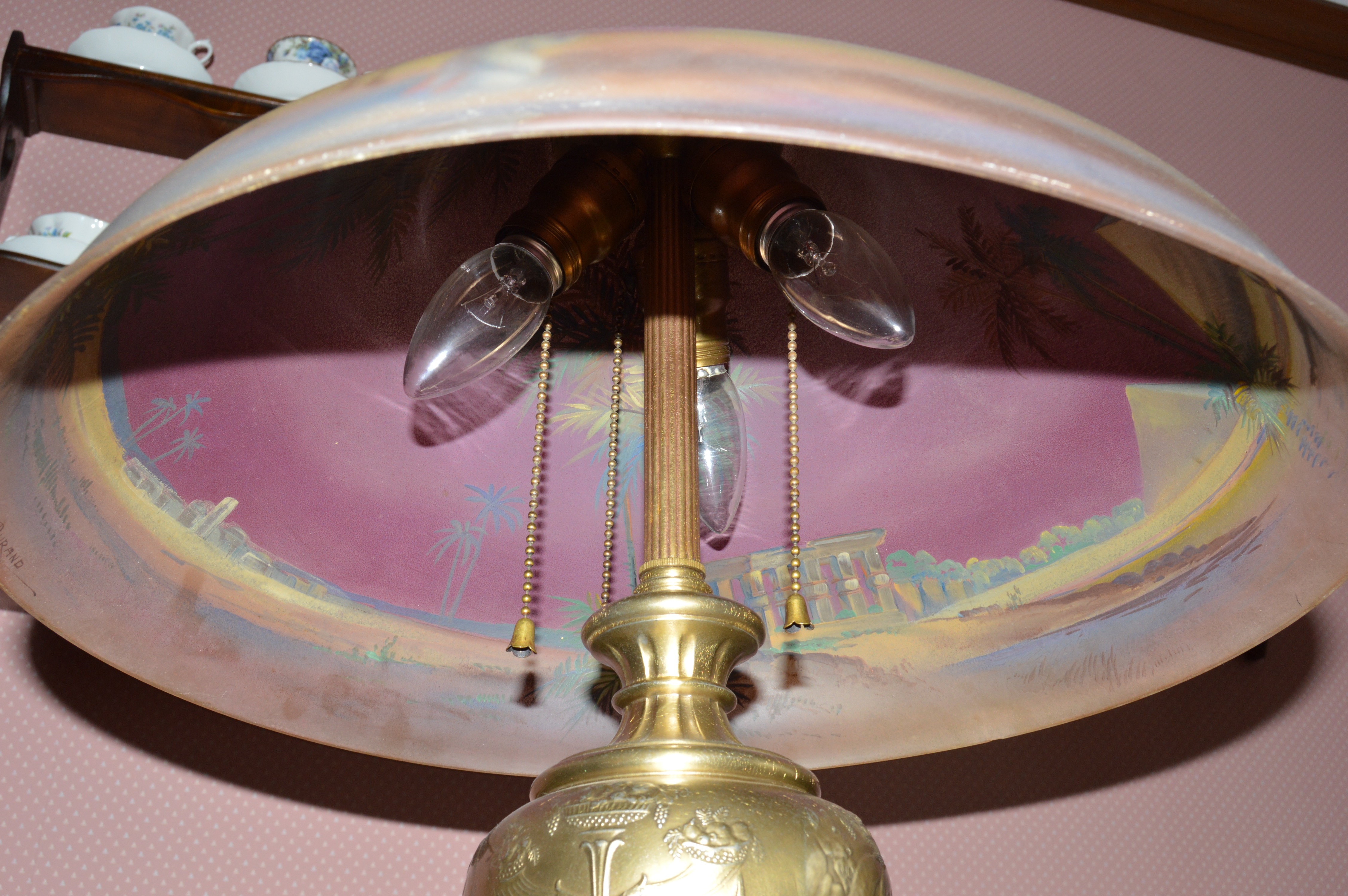 Vintage Lamp with Reverse Painted Shade by C. Durand