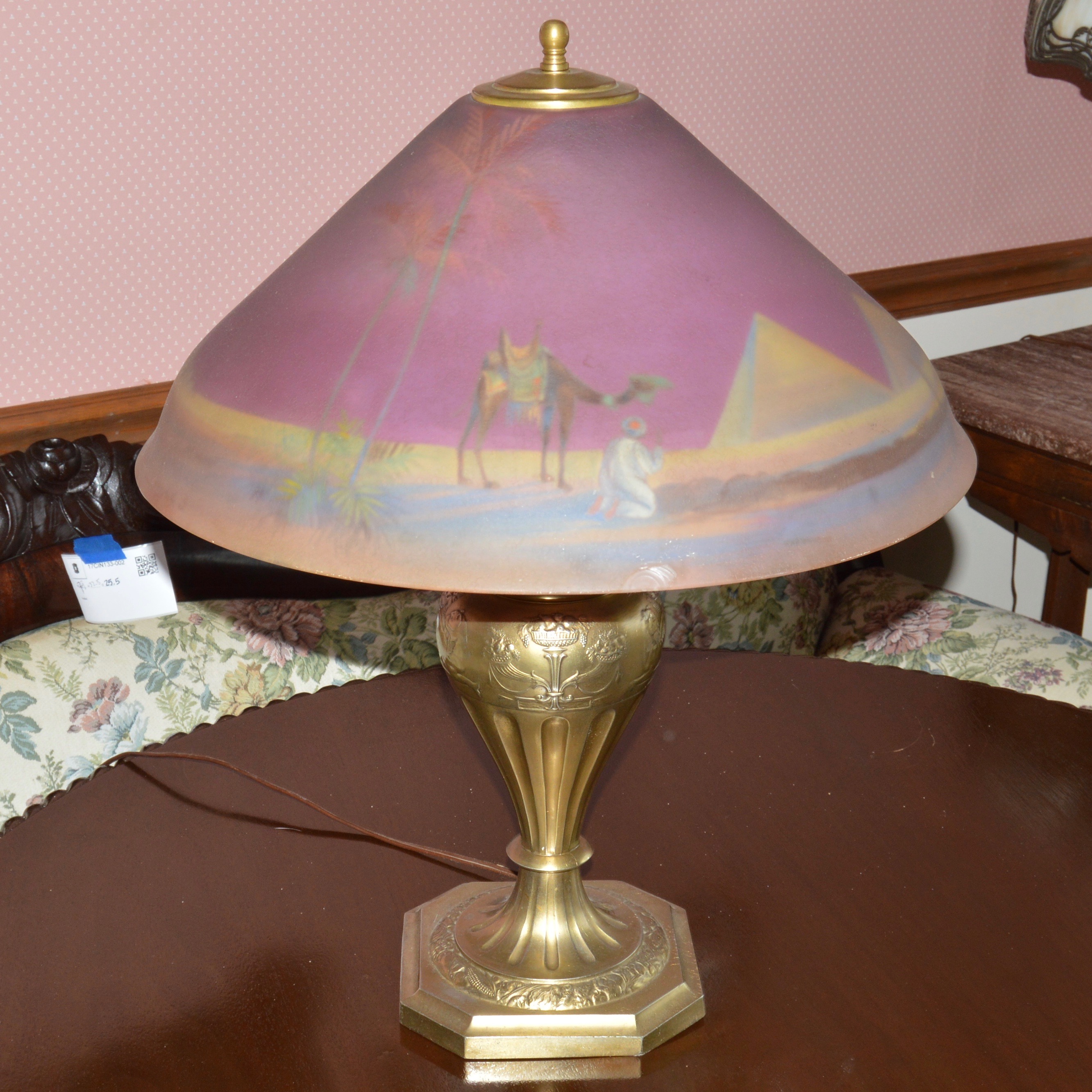 Vintage Lamp with Reverse Painted Shade by C. Durand