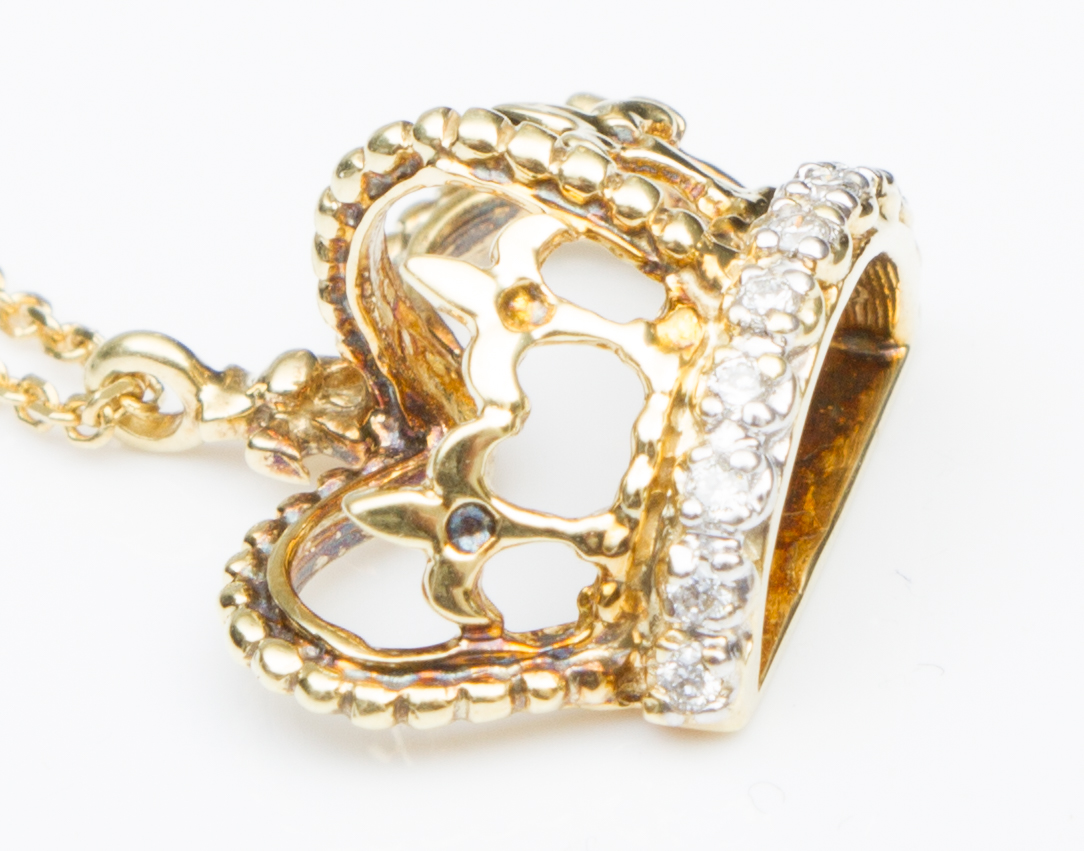 14K Yellow Gold and Diamond Crown Pendant Necklace