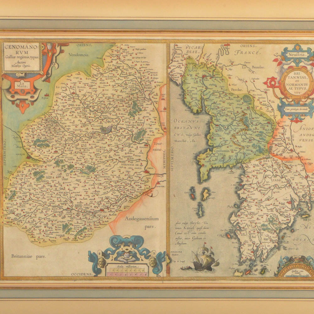 Map of the French Region of the Cenomani by Mattheus Ogerius and Map of Bretagne and Normandy 1594