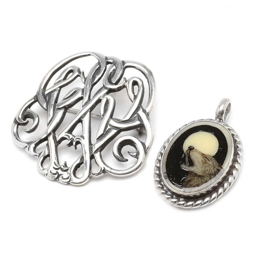 Cathy Guss Signed Sterling Silver Hand Painted Coyote Pendant and a Sterling Openwork Monogram Pin