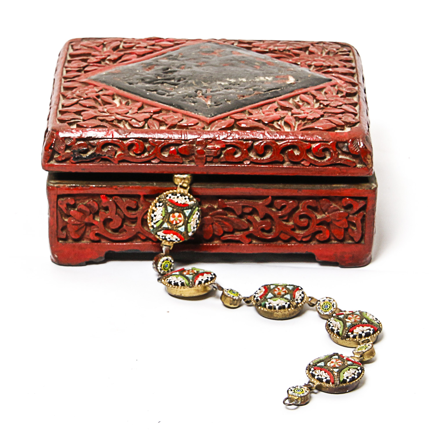 Antique Beaded Bracelet and Carved Red Box
