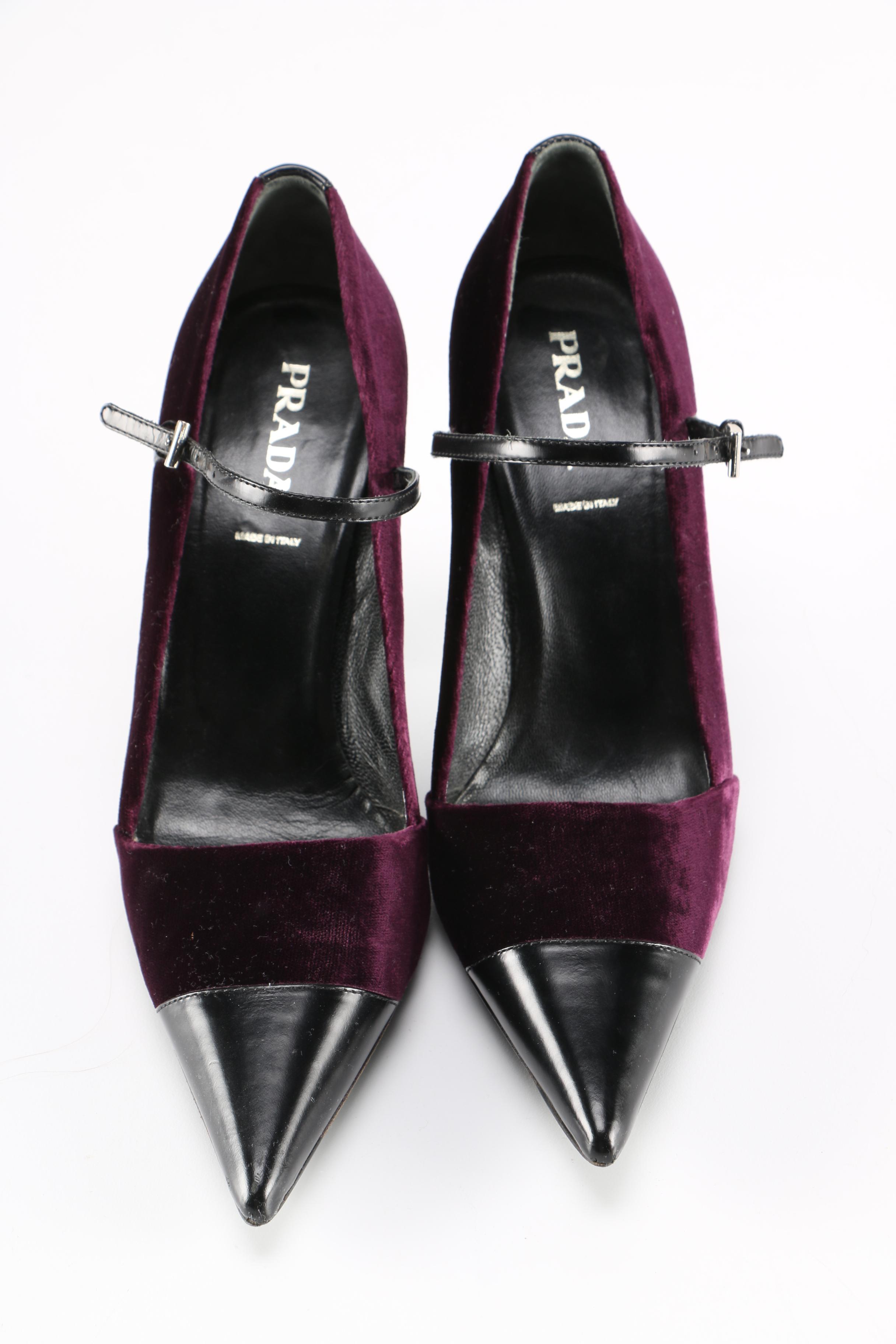Prada Purple Velvet and Black Leather Stiletto Pumps