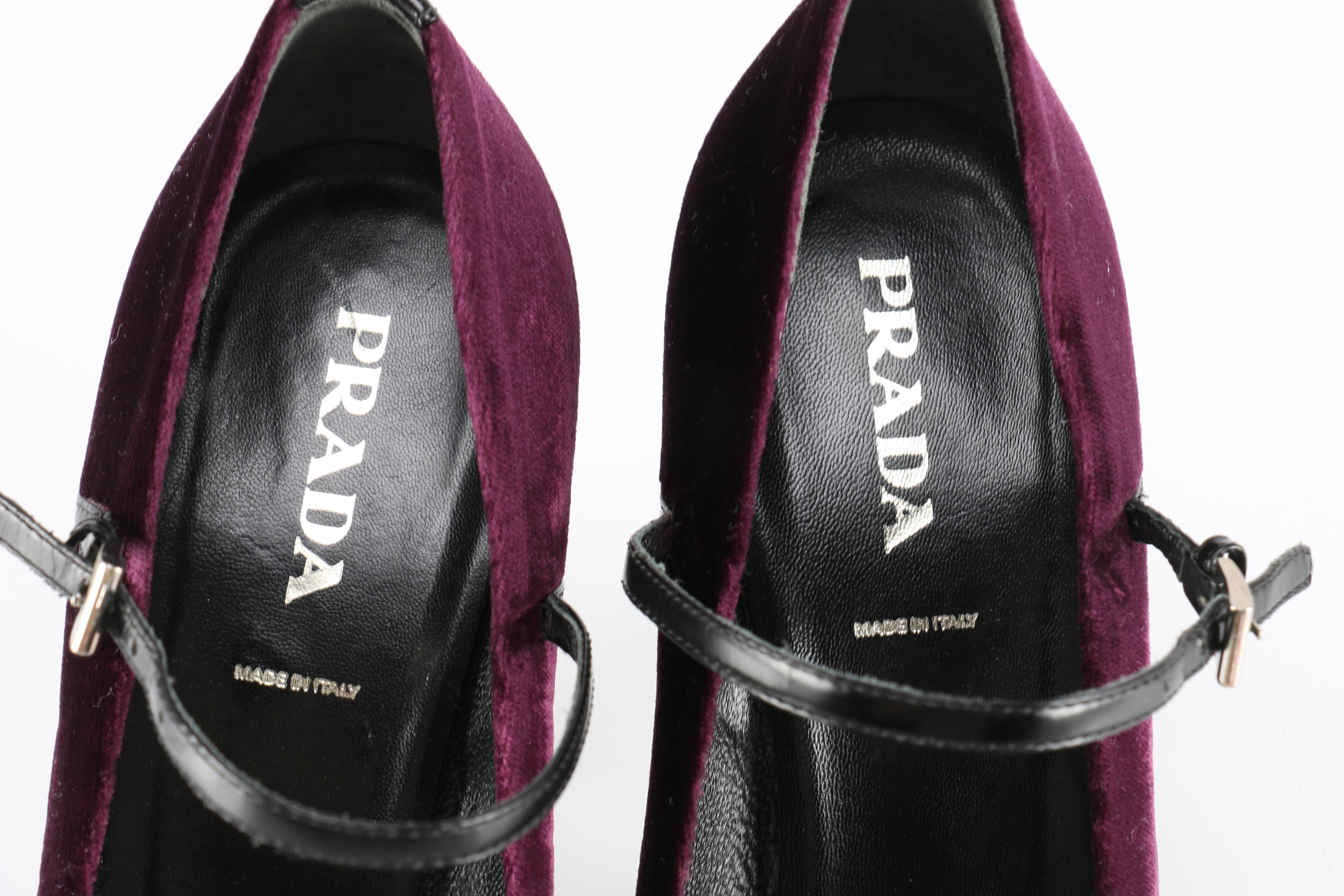 Prada Purple Velvet and Black Leather Stiletto Pumps