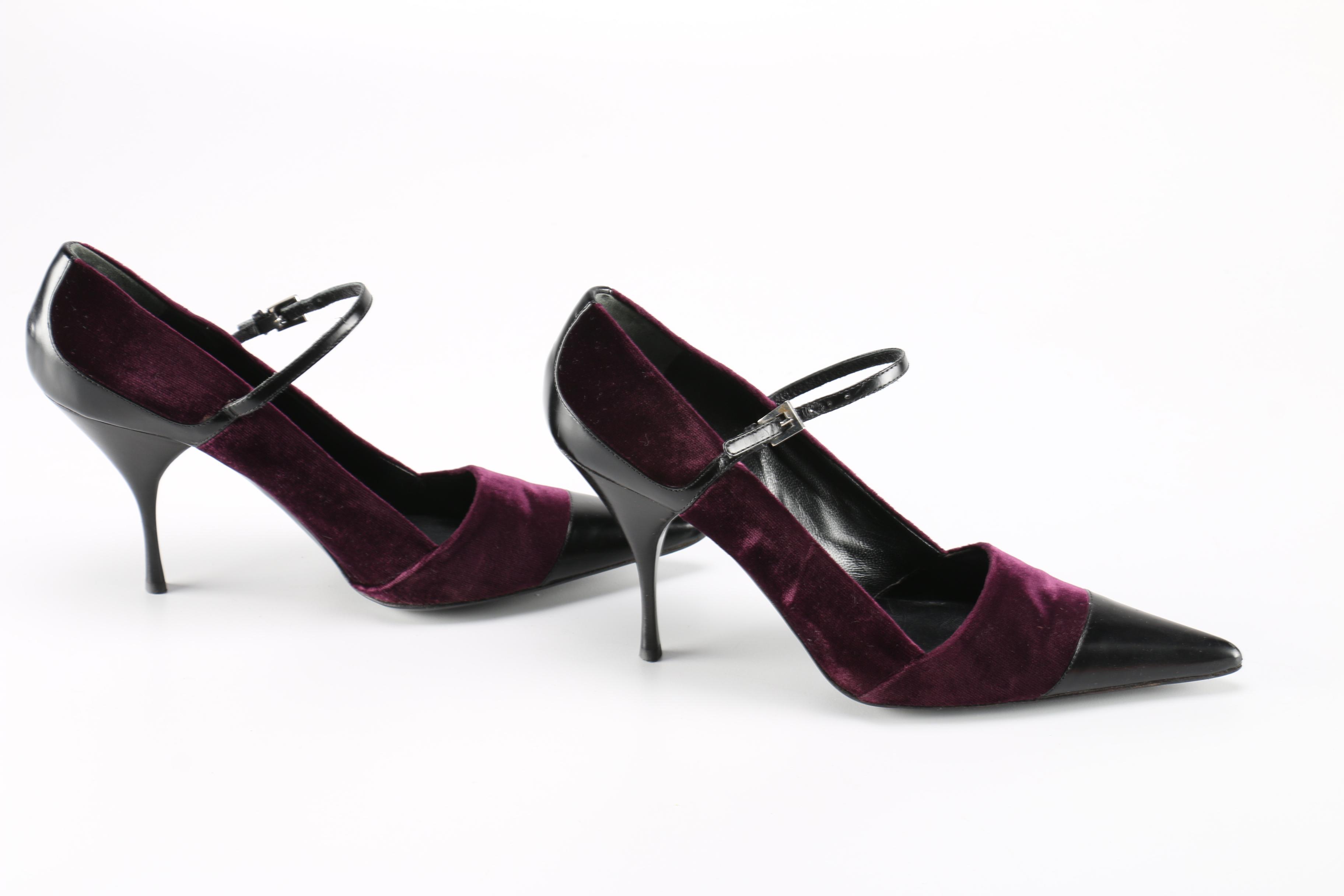 Prada Purple Velvet and Black Leather Stiletto Pumps