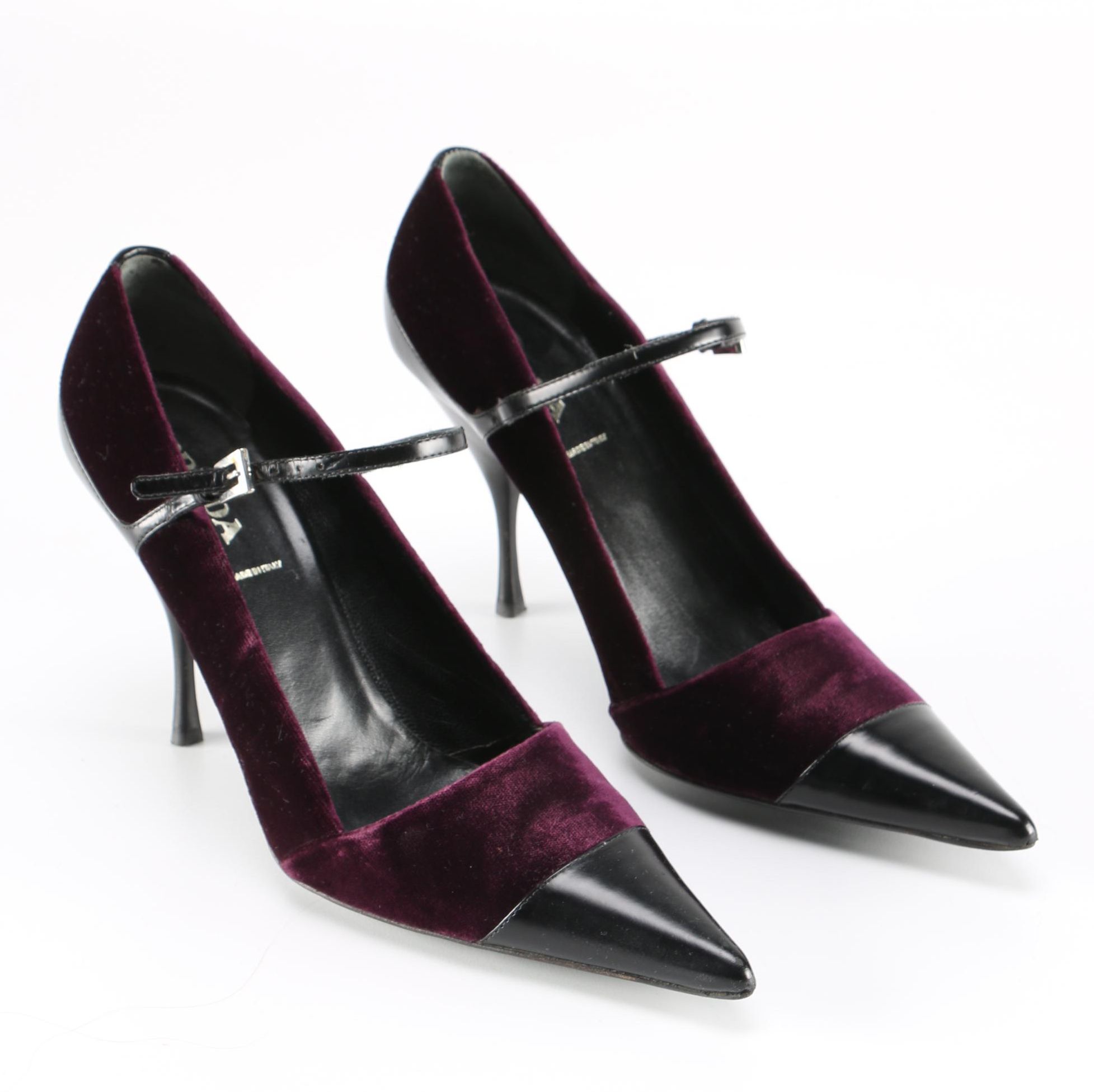 Prada Purple Velvet and Black Leather Stiletto Pumps