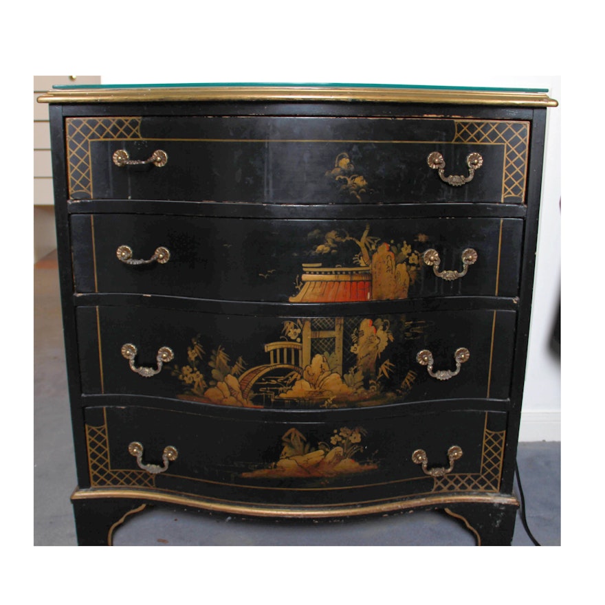 Vintage Black Lacquer Chinoiserie Chest of Drawers
