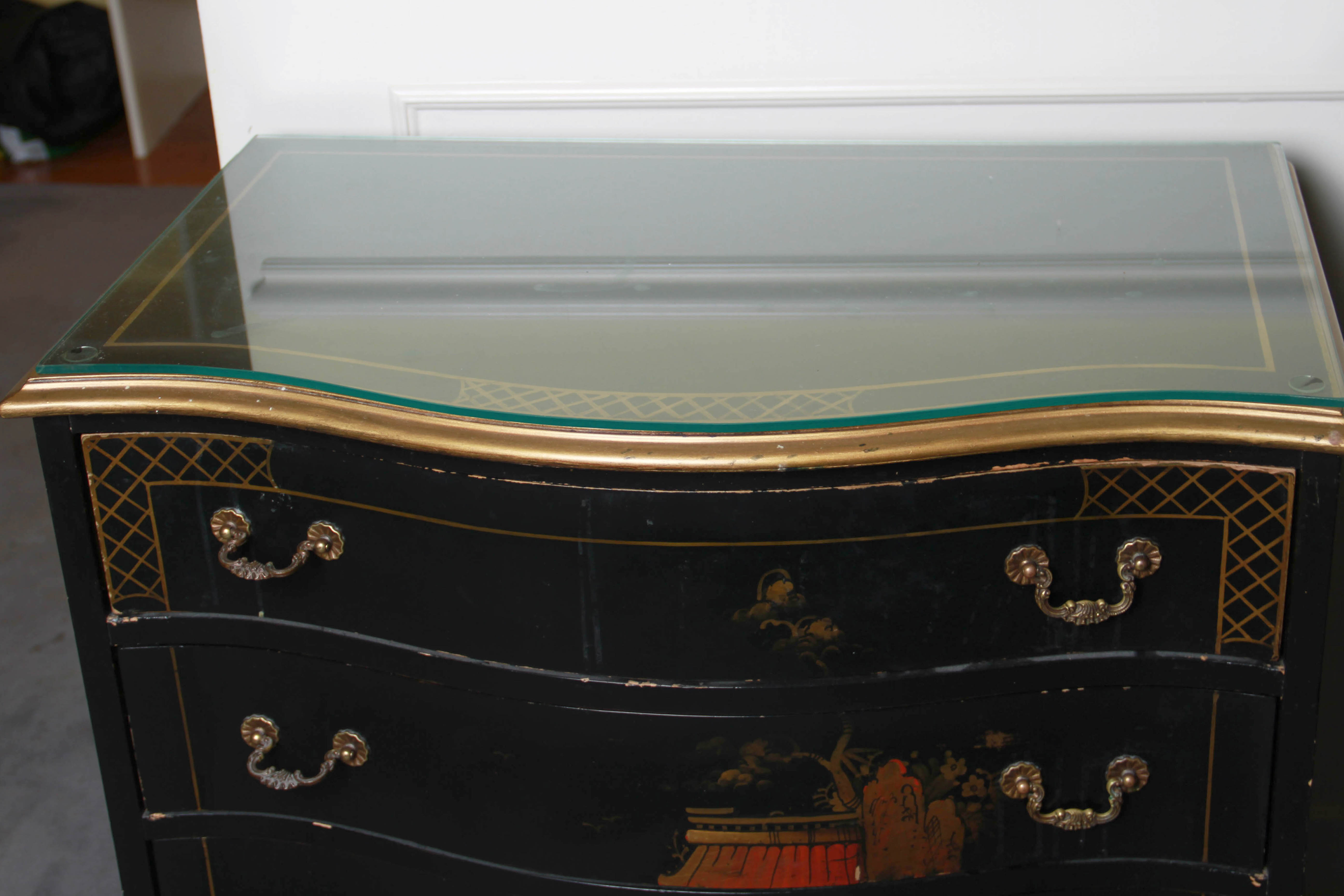 Vintage Black Lacquer Chinoiserie Chest of Drawers