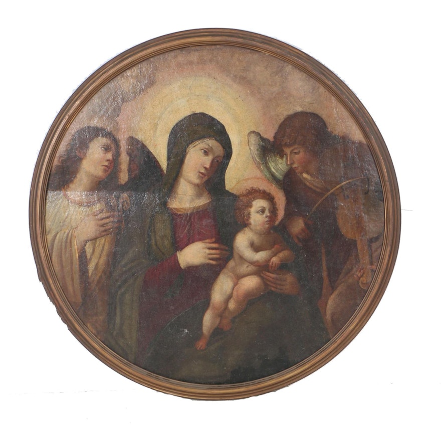 Antique Original Oil on Board of the Madonna and Child Surrounded by Angels