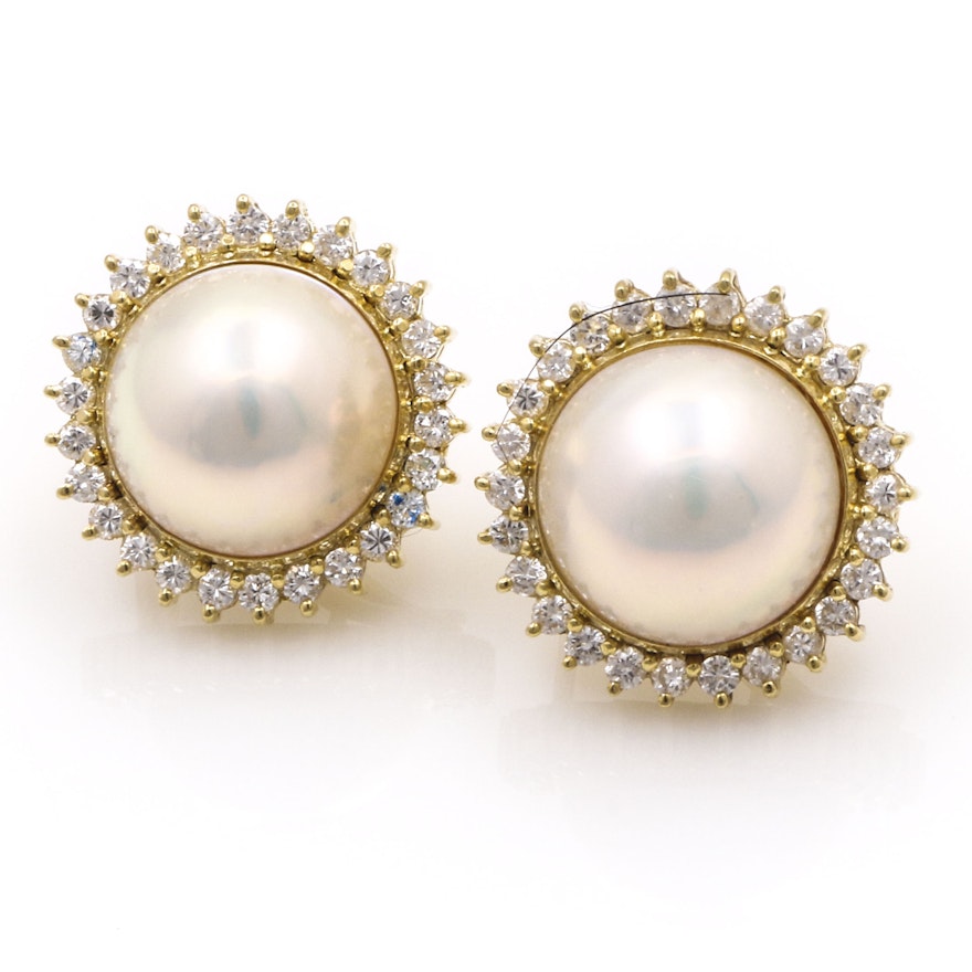 18K Yellow Gold Mabe Pearl and Diamond Earrings