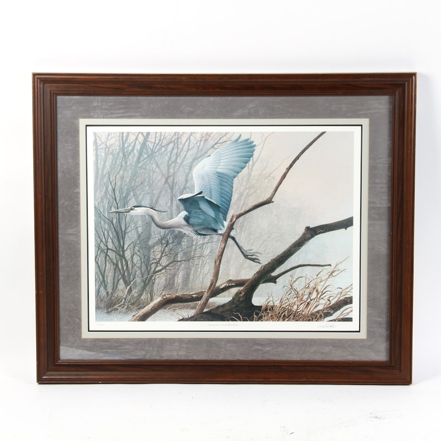 Les Didier Signed Limited Edition Print "Moving On Great Blue Heron"