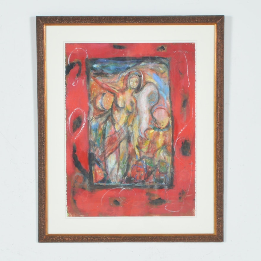 Lou Schneiderman Mixed Media Painting "Angel with Sun and Moon"