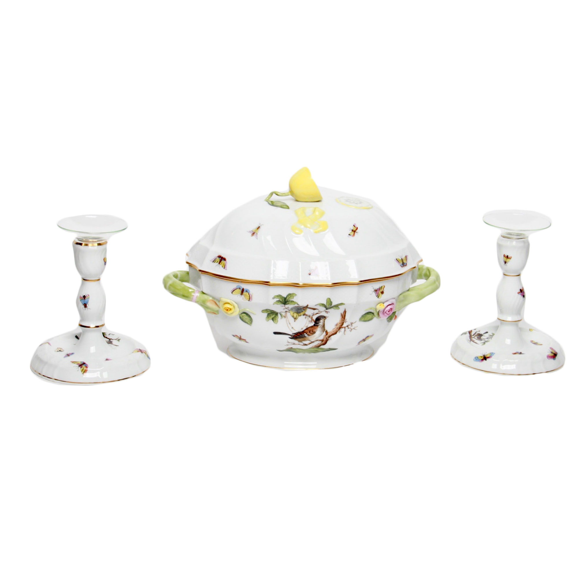 Vintage Herend "Rothschild Bird"  Candlesticks and Soup Tureen