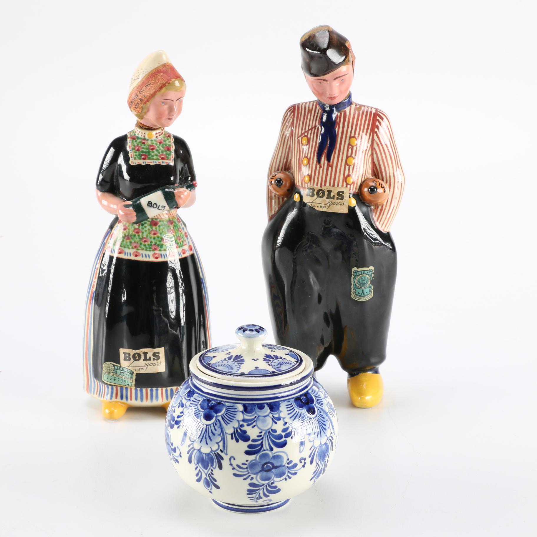 Figural Bols Liqueurs Decanters and Lidded Delft Pottery Jar