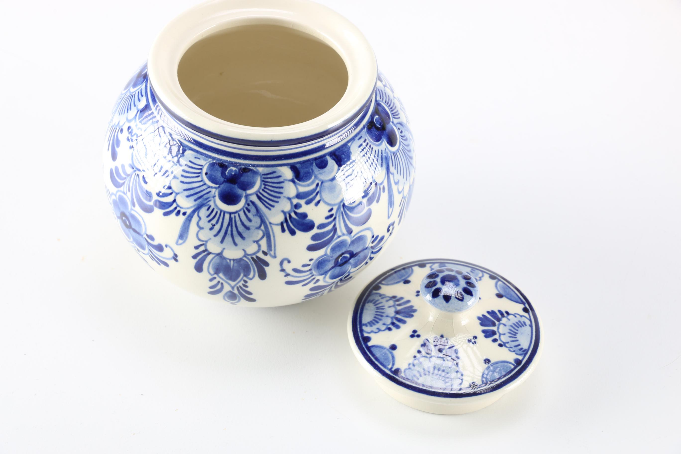 Figural Bols Liqueurs Decanters and Lidded Delft Pottery Jar