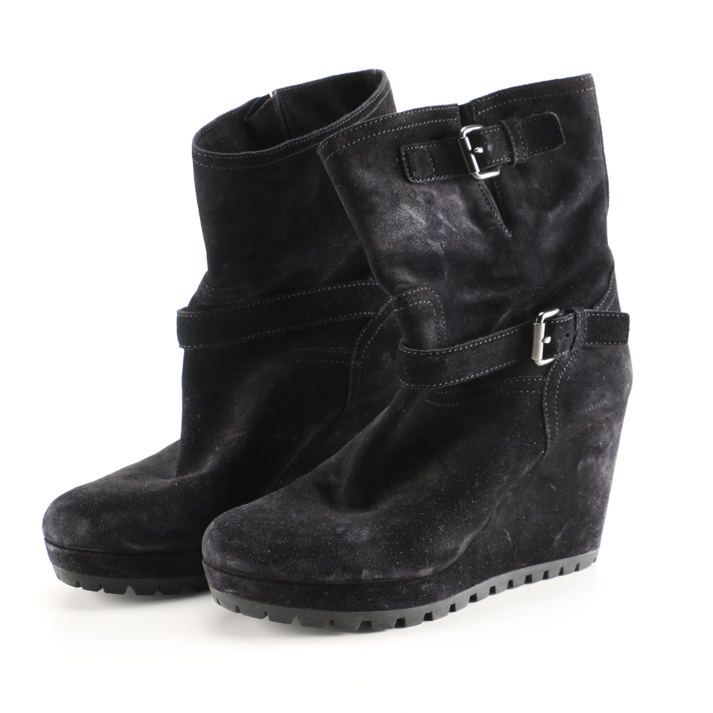 Prada Black Suede Wedge Boots
