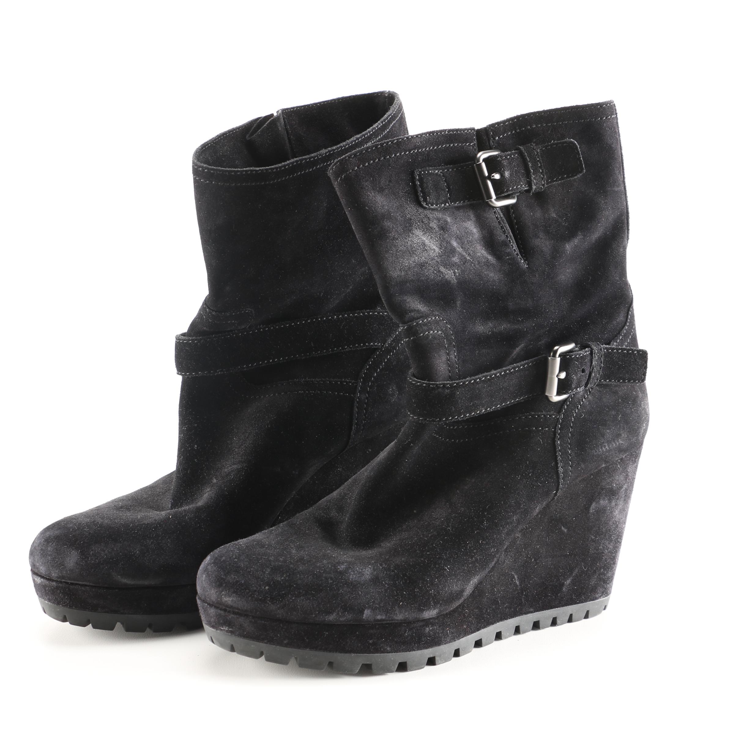 Prada Black Suede Wedge Boots